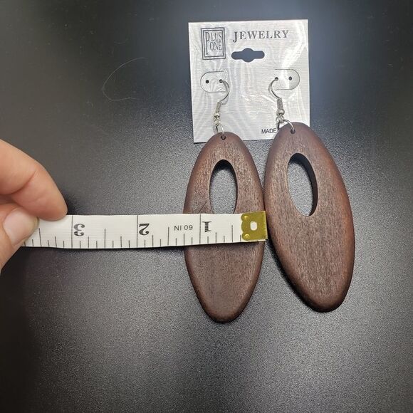 Dark Brown Wood Oval Shape Long Boho Style Earrings - Picture 5 of 5